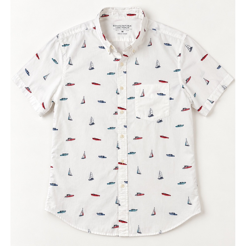 Banana Republic Luxe Poplin Slim Fit Sailboat Print Short Sleeve Shirt Mens M